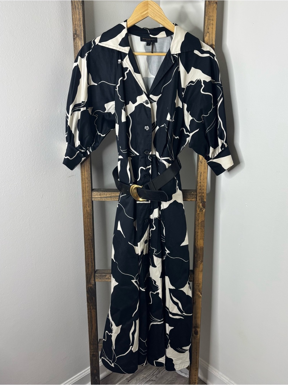 Donna Karan Abstract Print Button-Front Midi Dress with Belt Size 6